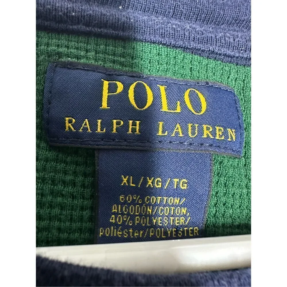 Polo Ralph Lauren Shirt Adult Striped Green Blue Waffle Knit Long Sleeve Size XL